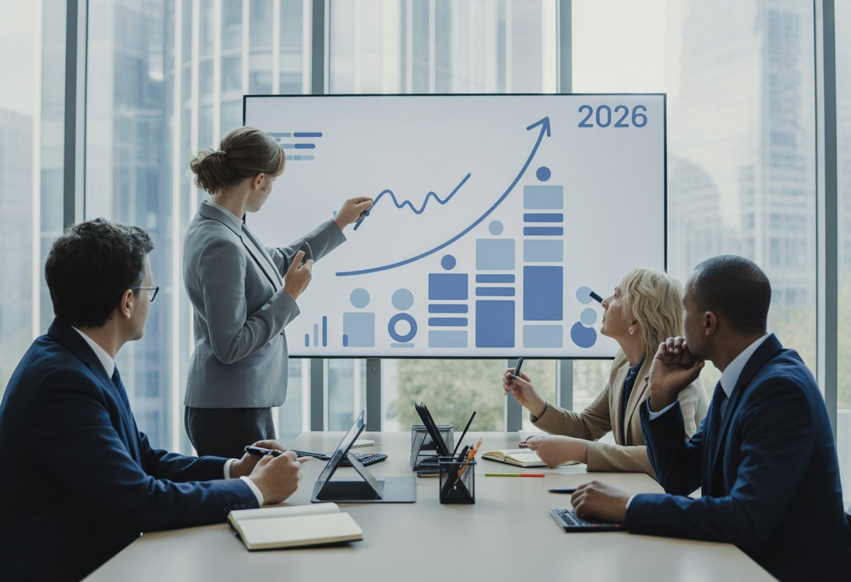 Konjunktur 2026: Wachstumsprognosen für Manager 2 Führungskräfte analysieren in einem modernen Konferenzraum wirtschaftliche Prognosekurven und beraten über strategische Entscheidungen.