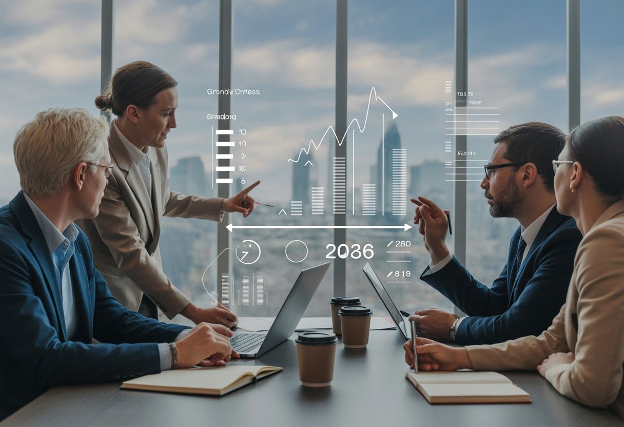 Konjunktur 2026: Wachstumsprognosen für Manager 3 Führungskräfte besprechen in einem modernen Büro verschiedene wirtschaftliche Szenarien und Planungsoptionen.