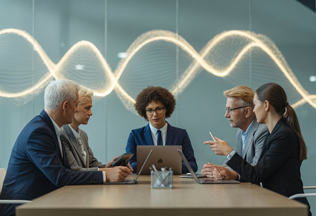 KI-Investitionen 2026: Wo Unternehmen Rendite erzielen 1 Ein vielfältiges Unternehmensteam bespricht an einem Konferenztisch digitale Daten und strategische Investitionen.