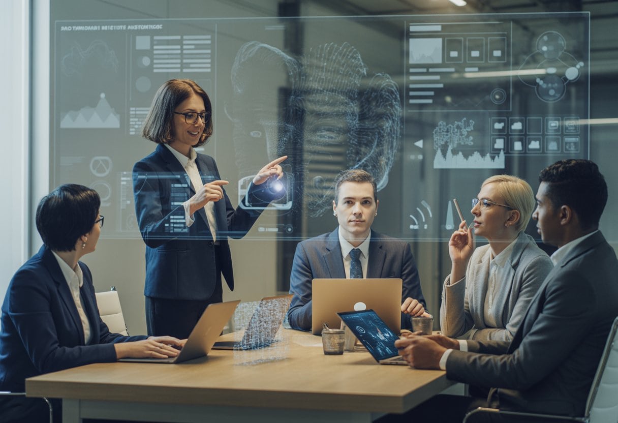 KI-Investitionen 2026: Wo Unternehmen Rendite erzielen 2 Ein vielfältiges Berufsteam analysiert gemeinsam digitale KI-Auswertungen in einem modernen Büro.