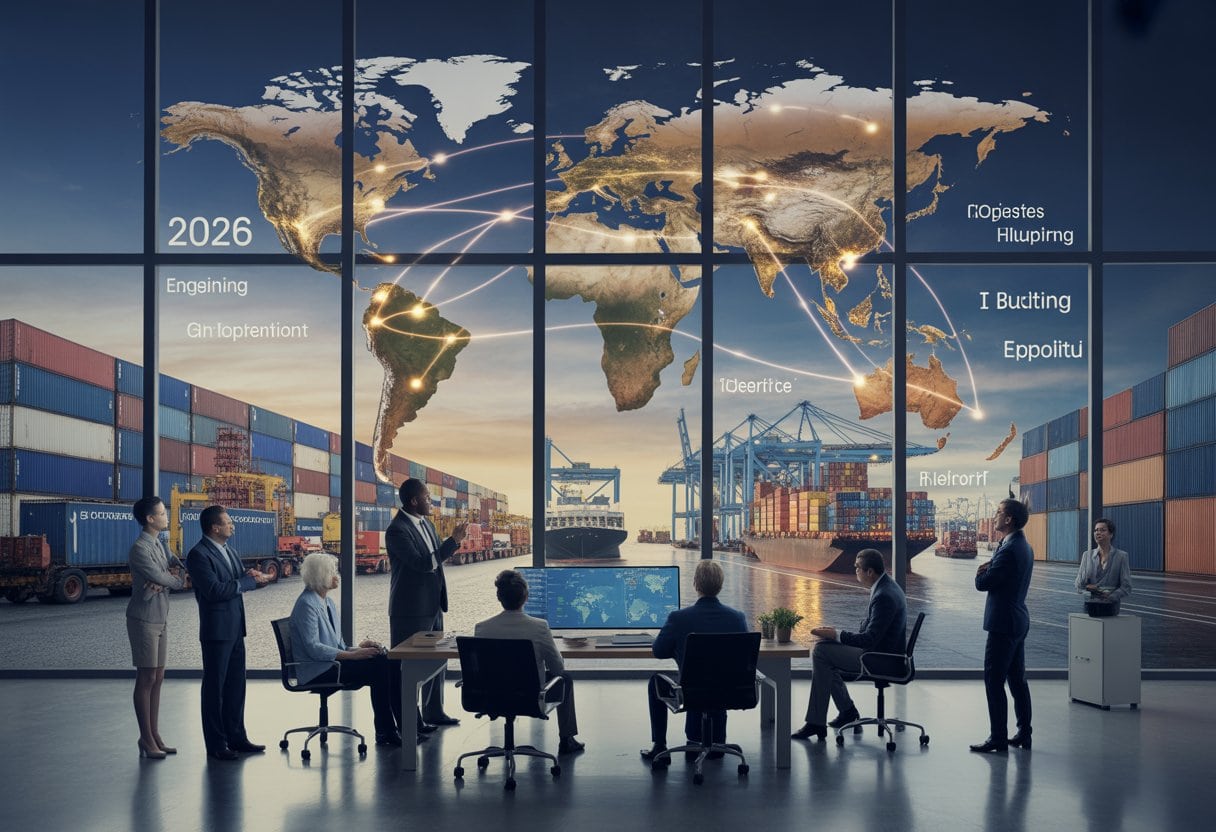Lieferketten unter Druck: Geopolitische Risiken 2026 meistern 1 Ein internationales Logistikteam analysiert in einem Kontrollraum globale Lieferwege und mögliche Störungen, während im Hintergrund ein Containerhafen zu sehen ist.