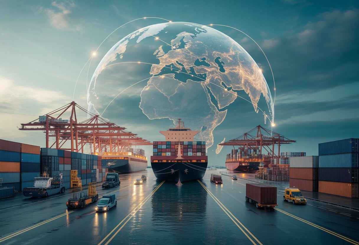 Lieferketten unter Druck: Geopolitische Risiken 2026 meistern 2 Containerhafen mit Schiffen, Kränen und Transportfahrzeugen vor einer angedeuteten Weltkarte.