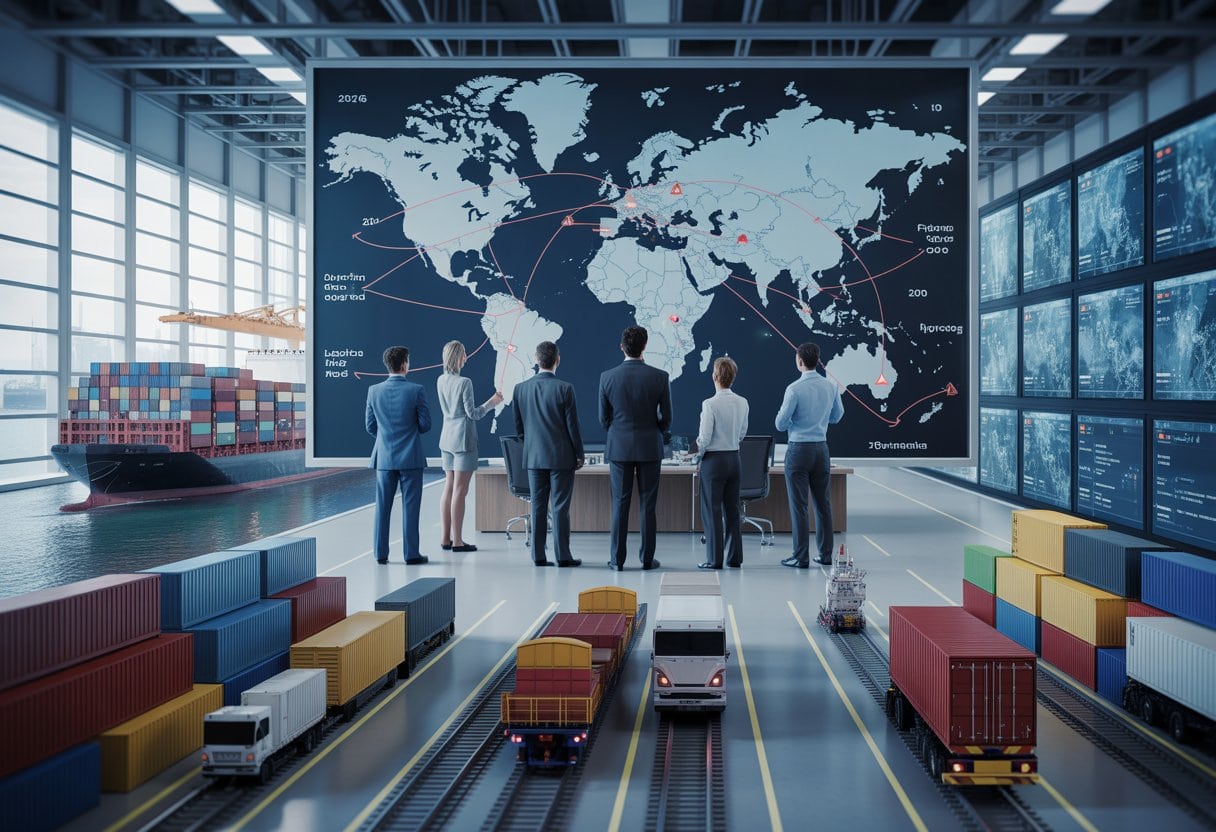 Lieferketten unter Druck: Geopolitische Risiken 2026 meistern 3 Ein Team analysiert in einem modernen Kontrollzentrum globale Lieferketten und mögliche Störungen.